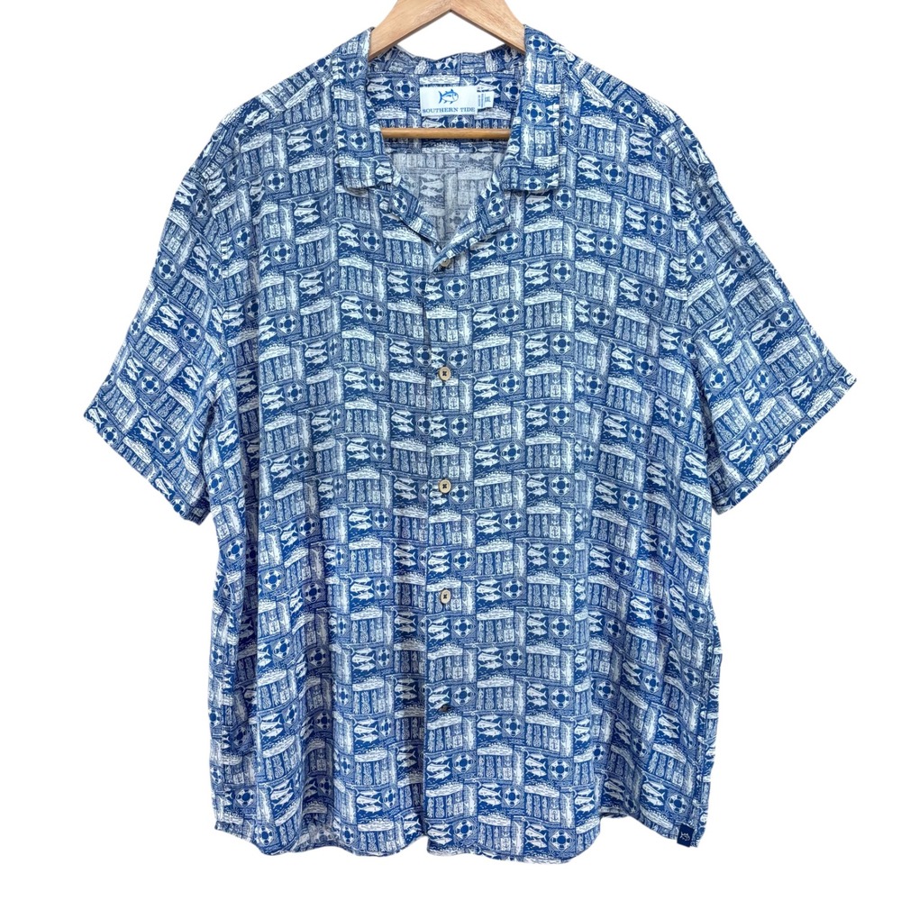 Southern Tide Men Linen Blend Camp Shirt XXL Short Sleeve Blue Nautical Fish‎